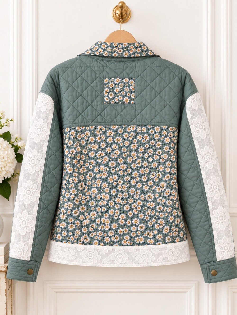 Ampersand Avenue | Quilted Jacket Size XS Sage Floral Lace Patchwork Cottagecore - Picture 6 of 9